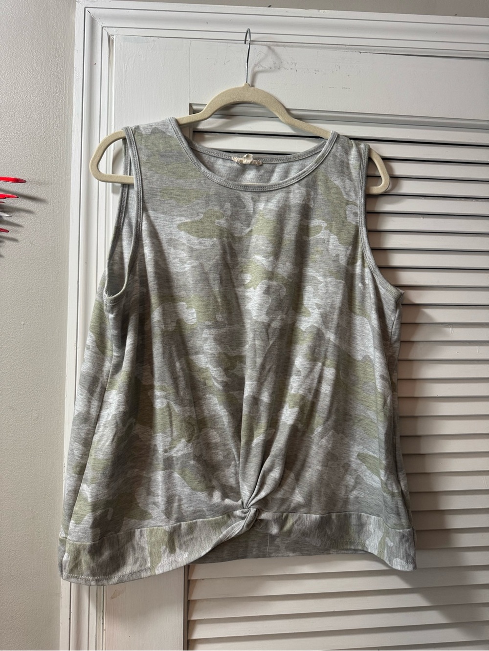 Jane and Delancey Gray and Green Camo Twist-Front Tank